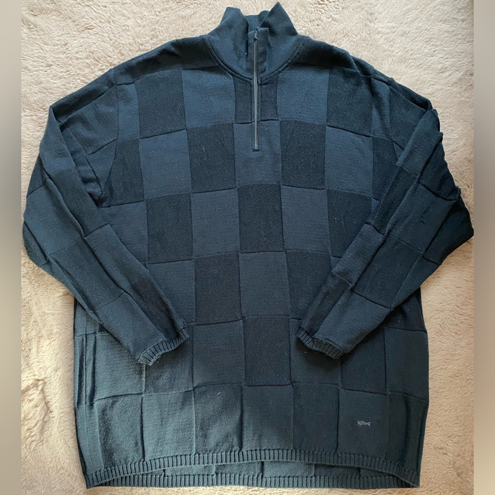 Paul & Shark Sweater Mens XL Navy Blue Checker Wool Quarter Zip Pullover Flawed